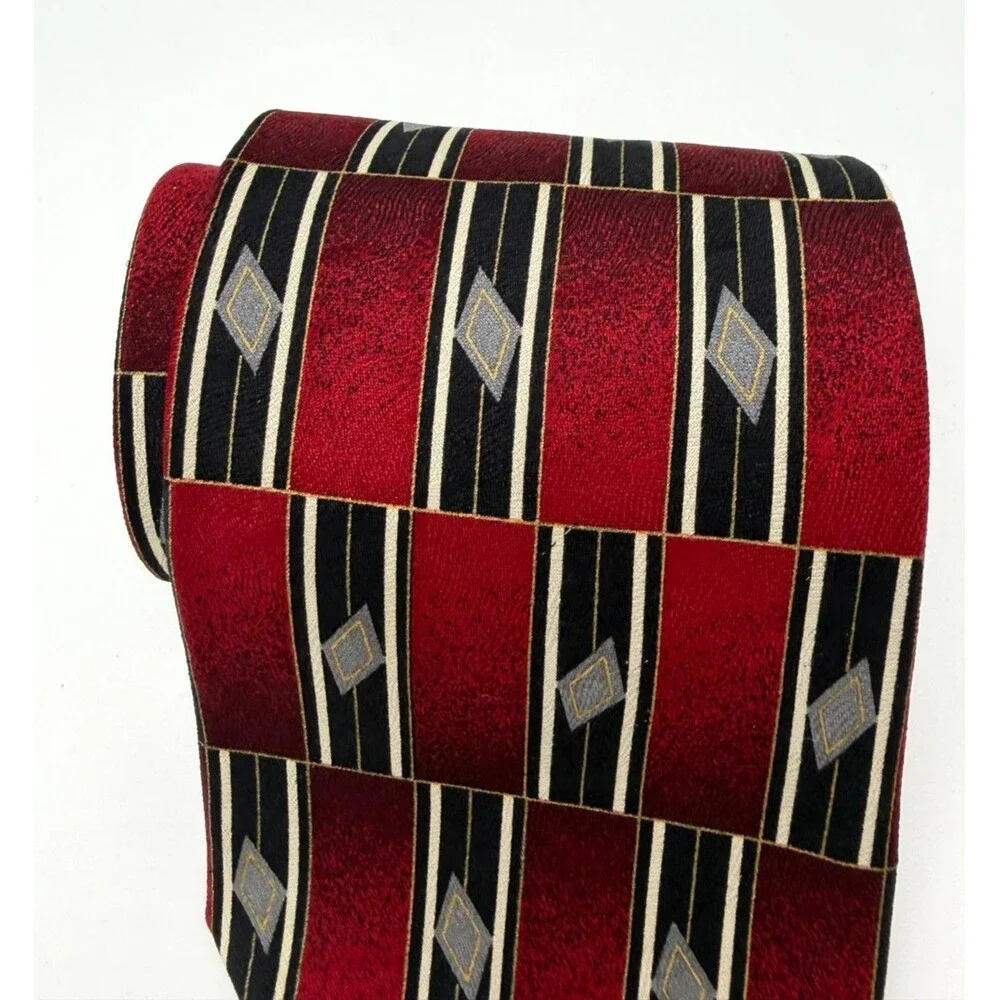 Parisian Signature Silk Tie Red Black Geometric Diamond Pattern Made in USA